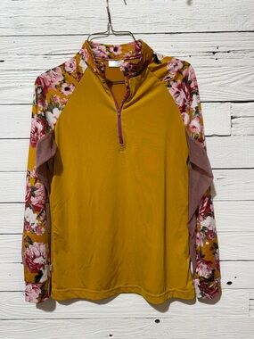 A HAGGERTY’S WOMEN’S LS SUN SHIRT - MUSTARD WITH ADVENTURE PRINT FULL SLEEVES